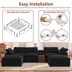 English Elm 126 Inch U-Shaped Chenille Cloud Sectional with Walnut Console Cup Holders Deep Seat Black W5156S00011