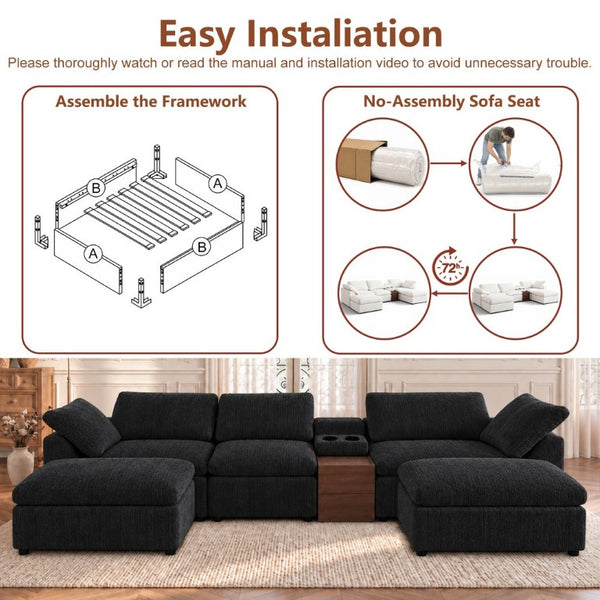 English Elm 126 Inch U-Shaped Chenille Cloud Sectional with Walnut Console Cup Holders Deep Seat Black W5156S00011