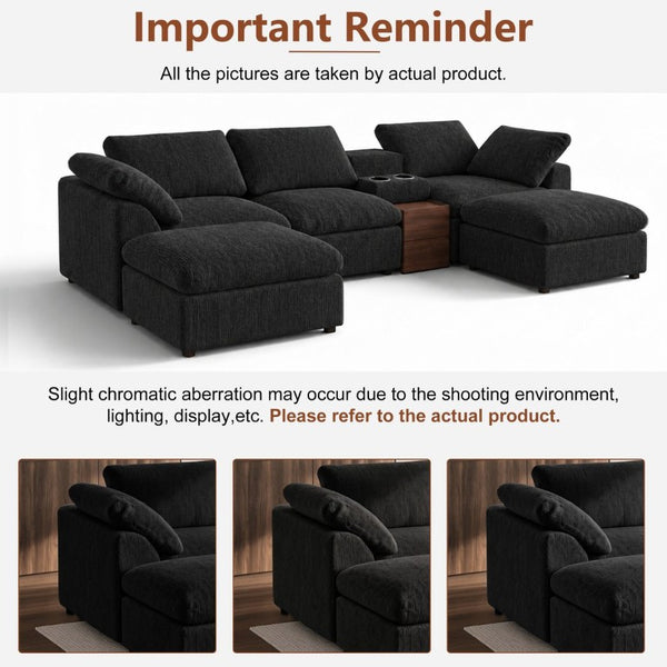 English Elm 126 Inch U-Shaped Chenille Cloud Sectional with Walnut Console Cup Holders Deep Seat Black W5156S00011