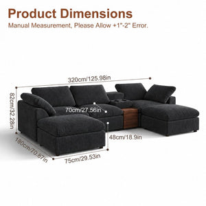 English Elm 126 Inch U-Shaped Chenille Cloud Sectional with Walnut Console Cup Holders Deep Seat Black W5156S00011