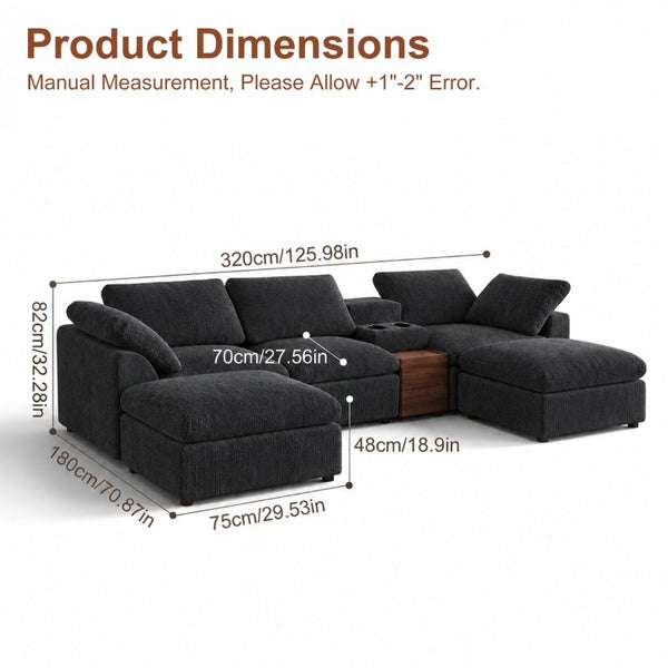 English Elm 126 Inch U-Shaped Chenille Cloud Sectional with Walnut Console Cup Holders Deep Seat Black W5156S00011