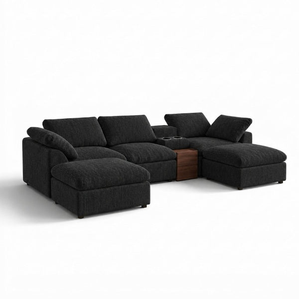 English Elm 126 Inch U-Shaped Chenille Cloud Sectional with Walnut Console Cup Holders Deep Seat Black W5156S00011