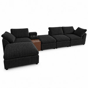 English Elm 126 Inch U-Shaped Chenille Cloud Sectional with Walnut Console Cup Holders Deep Seat Black W5156S00011