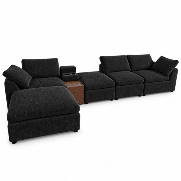 English Elm 126 Inch U-Shaped Chenille Cloud Sectional with Walnut Console Cup Holders Deep Seat Black W5156S00011