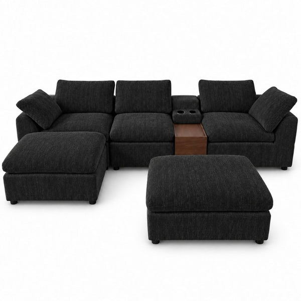 English Elm 126 Inch U-Shaped Chenille Cloud Sectional with Walnut Console Cup Holders Deep Seat Black W5156S00011