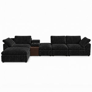 English Elm 126 Inch U-Shaped Chenille Cloud Sectional with Walnut Console Cup Holders Deep Seat Black W5156S00011