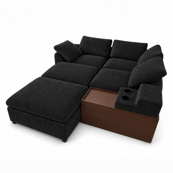 English Elm 126 Inch U-Shaped Chenille Cloud Sectional with Walnut Console Cup Holders Deep Seat Black W5156S00011