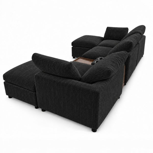 English Elm 126 Inch U-Shaped Chenille Cloud Sectional with Walnut Console Cup Holders Deep Seat Black W5156S00011