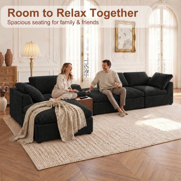 English Elm 126 Inch U-Shaped Chenille Cloud Sectional with Walnut Console Cup Holders Deep Seat Black W5156S00011