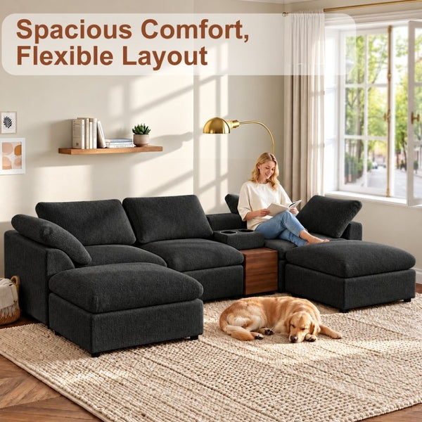 English Elm 126 Inch U-Shaped Chenille Cloud Sectional with Walnut Console Cup Holders Deep Seat Black W5156S00011