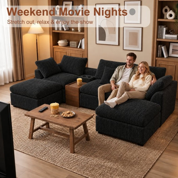 English Elm 126 Inch U-Shaped Chenille Cloud Sectional with Walnut Console Cup Holders Deep Seat Black W5156S00011