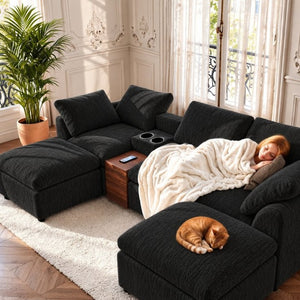 English Elm 126 Inch U-Shaped Chenille Cloud Sectional with Walnut Console Cup Holders Deep Seat Black W5156S00011