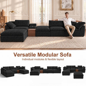 English Elm 126 Inch U-Shaped Chenille Cloud Sectional with Walnut Console Cup Holders Deep Seat Black W5156S00011