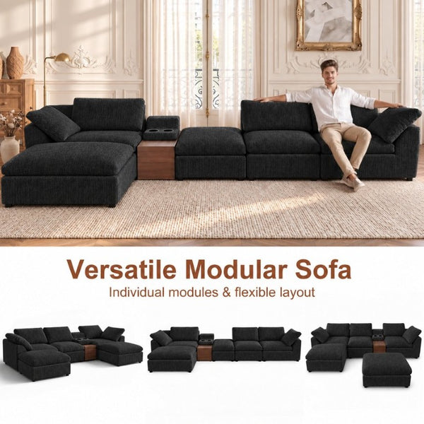 English Elm 126 Inch U-Shaped Chenille Cloud Sectional with Walnut Console Cup Holders Deep Seat Black W5156S00011