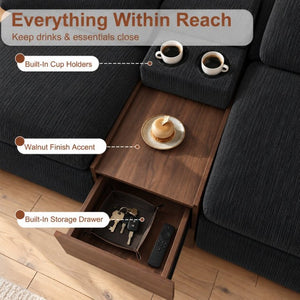 English Elm 126 Inch U-Shaped Chenille Cloud Sectional with Walnut Console Cup Holders Deep Seat Black W5156S00011