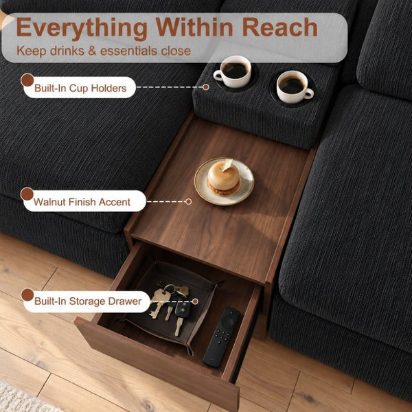 English Elm 126 Inch U-Shaped Chenille Cloud Sectional with Walnut Console Cup Holders Deep Seat Black W5156S00011