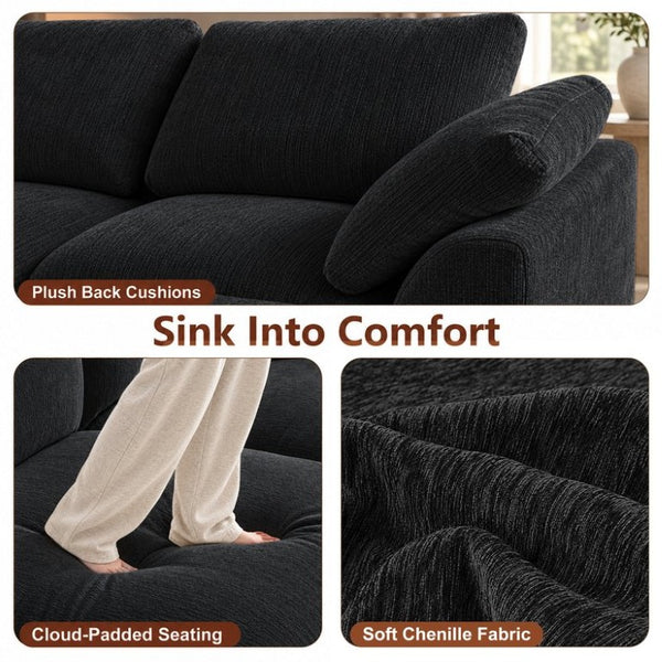 English Elm 126 Inch U-Shaped Chenille Cloud Sectional with Walnut Console Cup Holders Deep Seat Black W5156S00011