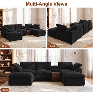 English Elm 126 Inch U-Shaped Chenille Cloud Sectional with Walnut Console Cup Holders Deep Seat Black W5156S00011