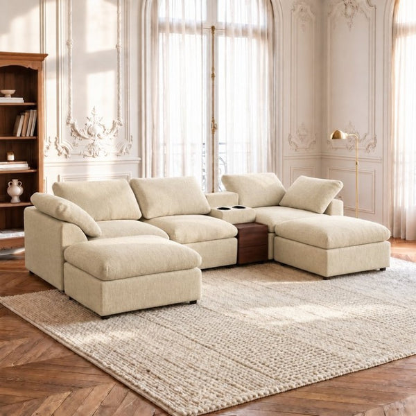 English Elm 126 Inch U-Shaped Chenille Cloud Sectional with Walnut Console Cup Holders Deep Seat Apricot W5156S00012