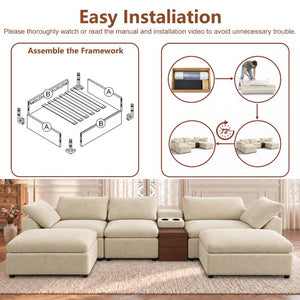 English Elm 126 Inch U-Shaped Chenille Cloud Sectional with Walnut Console Cup Holders Deep Seat Apricot W5156S00012
