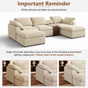English Elm 126 Inch U-Shaped Chenille Cloud Sectional with Walnut Console Cup Holders Deep Seat Apricot W5156S00012