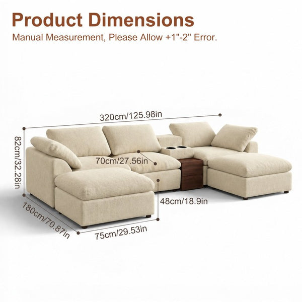 English Elm 126 Inch U-Shaped Chenille Cloud Sectional with Walnut Console Cup Holders Deep Seat Apricot W5156S00012