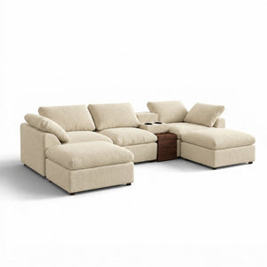 English Elm 126 Inch U-Shaped Chenille Cloud Sectional with Walnut Console Cup Holders Deep Seat Apricot W5156S00012