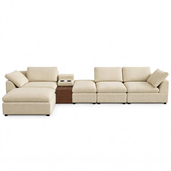 English Elm 126 Inch U-Shaped Chenille Cloud Sectional with Walnut Console Cup Holders Deep Seat Apricot W5156S00012