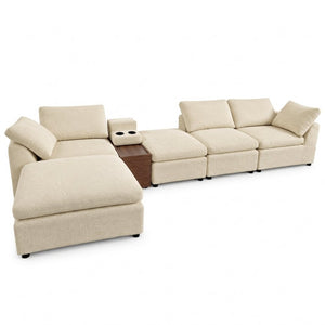 English Elm 126 Inch U-Shaped Chenille Cloud Sectional with Walnut Console Cup Holders Deep Seat Apricot W5156S00012