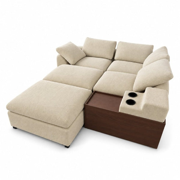 English Elm 126 Inch U-Shaped Chenille Cloud Sectional with Walnut Console Cup Holders Deep Seat Apricot W5156S00012