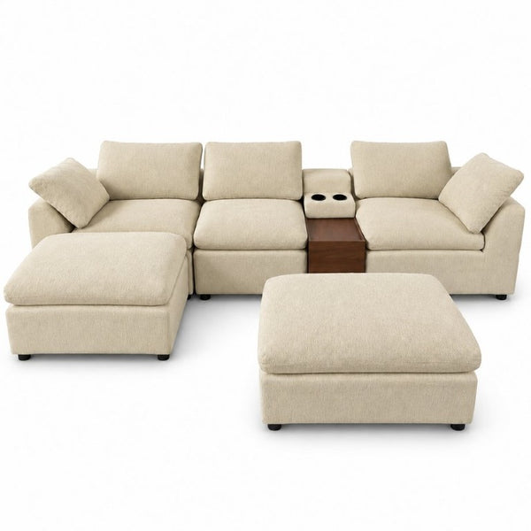 English Elm 126 Inch U-Shaped Chenille Cloud Sectional with Walnut Console Cup Holders Deep Seat Apricot W5156S00012