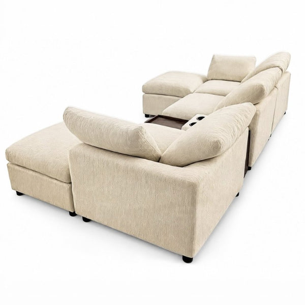 English Elm 126 Inch U-Shaped Chenille Cloud Sectional with Walnut Console Cup Holders Deep Seat Apricot W5156S00012