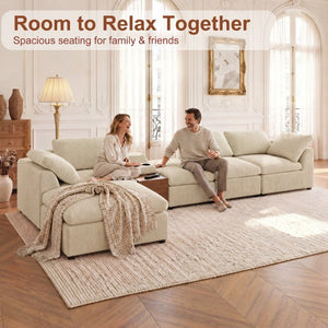English Elm 126 Inch U-Shaped Chenille Cloud Sectional with Walnut Console Cup Holders Deep Seat Apricot W5156S00012