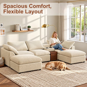English Elm 126 Inch U-Shaped Chenille Cloud Sectional with Walnut Console Cup Holders Deep Seat Apricot W5156S00012