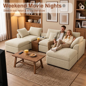 English Elm 126 Inch U-Shaped Chenille Cloud Sectional with Walnut Console Cup Holders Deep Seat Apricot W5156S00012