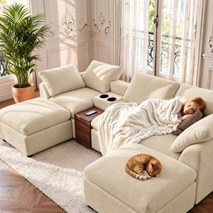 English Elm 126 Inch U-Shaped Chenille Cloud Sectional with Walnut Console Cup Holders Deep Seat Apricot W5156S00012