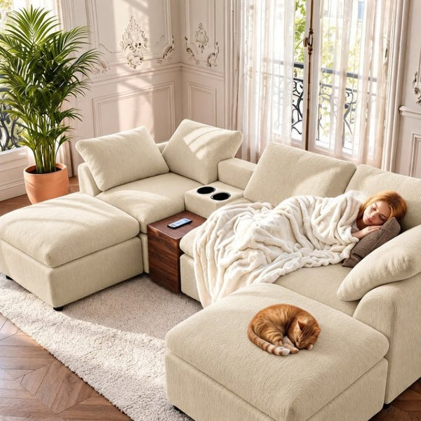 English Elm 126 Inch U-Shaped Chenille Cloud Sectional with Walnut Console Cup Holders Deep Seat Apricot W5156S00012