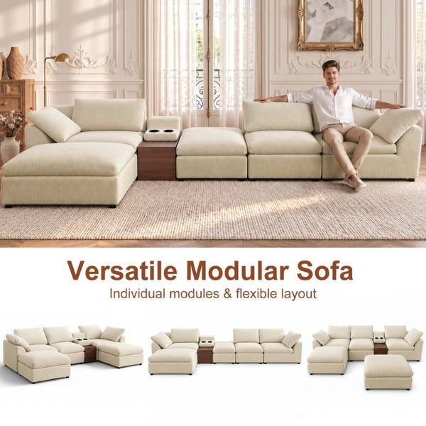 English Elm 126 Inch U-Shaped Chenille Cloud Sectional with Walnut Console Cup Holders Deep Seat Apricot W5156S00012