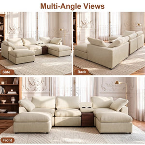 English Elm 126 Inch U-Shaped Chenille Cloud Sectional with Walnut Console Cup Holders Deep Seat Apricot W5156S00012