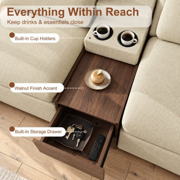English Elm 126 Inch U-Shaped Chenille Cloud Sectional with Walnut Console Cup Holders Deep Seat Apricot W5156S00012