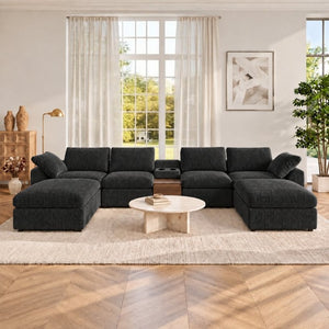 English Elm 155 Inch Modular U Shaped Chenille Sectional Sofa with Console and Dual Ottomans Black W5156S00013