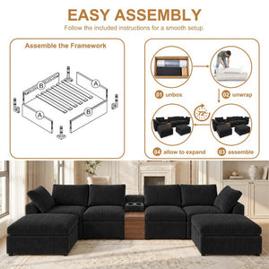 English Elm 155 Inch Modular U Shaped Chenille Sectional Sofa with Console and Dual Ottomans Black W5156S00013