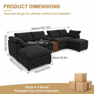English Elm 155 Inch Modular U Shaped Chenille Sectional Sofa with Console and Dual Ottomans Black W5156S00013