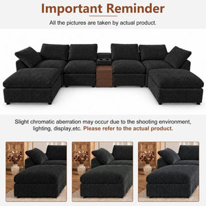 English Elm 155 Inch Modular U Shaped Chenille Sectional Sofa with Console and Dual Ottomans Black W5156S00013