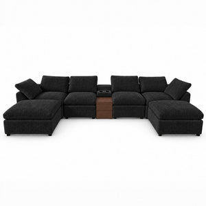 English Elm 155 Inch Modular U Shaped Chenille Sectional Sofa with Console and Dual Ottomans Black W5156S00013