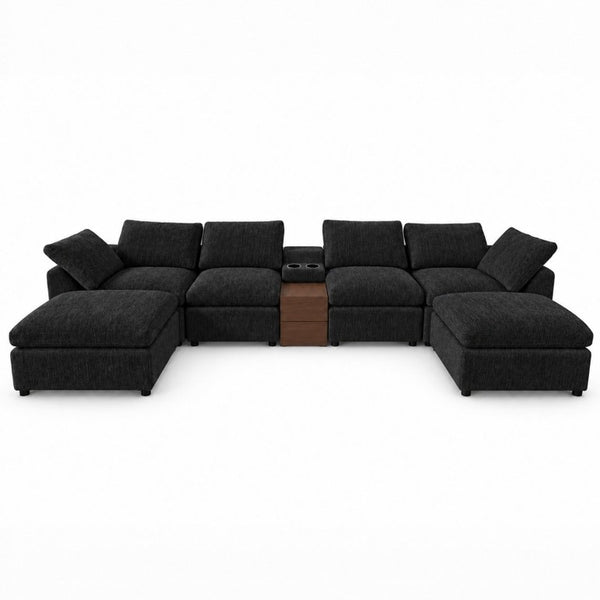 English Elm 155 Inch Modular U Shaped Chenille Sectional Sofa with Console and Dual Ottomans Black W5156S00013