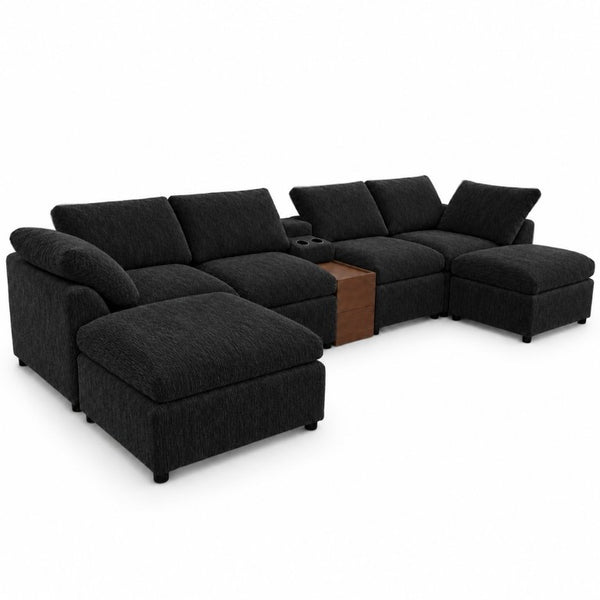 English Elm 155 Inch Modular U Shaped Chenille Sectional Sofa with Console and Dual Ottomans Black W5156S00013