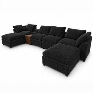 English Elm 155 Inch Modular U Shaped Chenille Sectional Sofa with Console and Dual Ottomans Black W5156S00013
