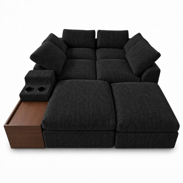 English Elm 155 Inch Modular U Shaped Chenille Sectional Sofa with Console and Dual Ottomans Black W5156S00013