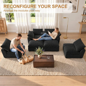 English Elm 155 Inch Modular U Shaped Chenille Sectional Sofa with Console and Dual Ottomans Black W5156S00013